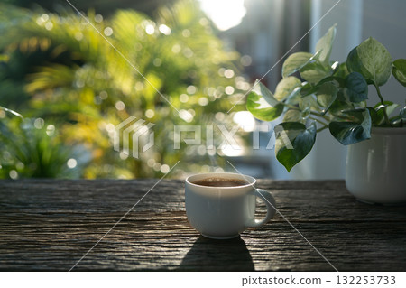 Coffee cup and devil's ivy plant on rustic wooden table 132253733