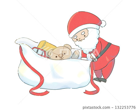 聖誕老公公拿出一份禮物，還有一隻泰迪熊從袋子裡探出來 132253776