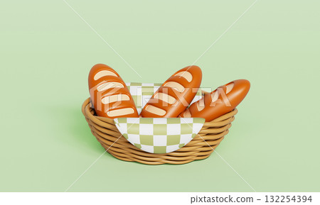 Baguettes and a Basket with Green Checkered Cloth. 3D Rendering. Baguettes and a Basket with Green Checkered Cloth. 3D Rendering. 132254394