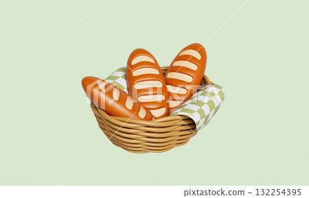 Baguettes and a Basket with Green Checkered Cloth. 3D Rendering. Baguettes and a Basket with Green Checkered Cloth. 3D Rendering. 132254395