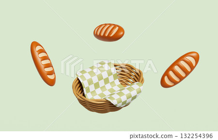 Baguettes and a Basket with Green Checkered Cloth. 3D Rendering. Baguettes and a Basket with Green Checkered Cloth. 3D Rendering. 132254396