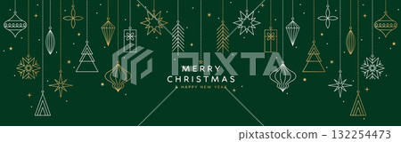 Merry Christmas banner, gold ornament card, green background Merry Christmas banner, gold ornament card, green background 132254473