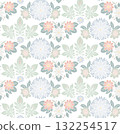 Vector seamless floral pattern with soft pastel tones of green, blue, and peach. Elegant folk art design with delicate flowers and leaves. 132254517