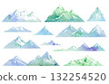Watercolor mountain vector silhouettes set. Blue and green peaks with watercolor splashes. 132254520