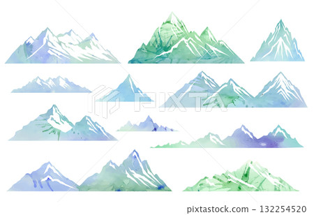 Watercolor mountain vector silhouettes set. Blue and green peaks with watercolor splashes. Watercolor mountain vector silhouettes set. Blue and green peaks with watercolor splashes. 132254520