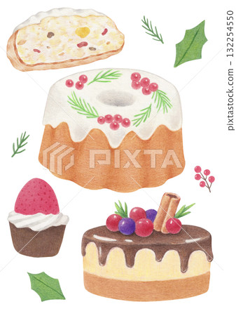 Colored pencil illustrations of Christmas dessert. 132254550