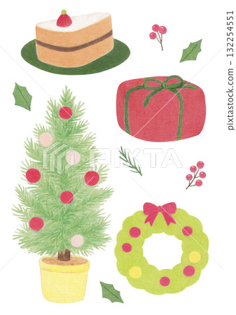 Colored pencil illustrations of Christmas elements. 132254551