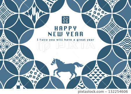 2026 年馬年新年賀卡模板，採用日本七寶圖案設計 132254606