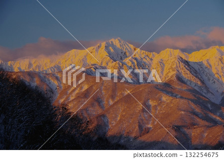Golden morning glow of Mt. Kashima-yari from Shirasawa Pass in Hakuba Village Ver.1 132254675