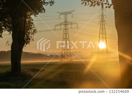 Electricity pylon and nature, real life photo 132254689