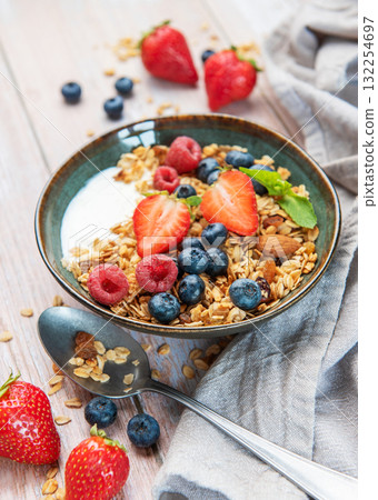Healthy breakfast bowl with granola and fresh berries 132254697