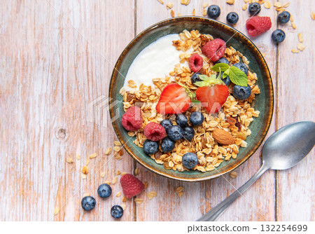 Granola bowl with fresh berries for a healthy breakfast Granola bowl with fresh berries for a healthy breakfast 132254699