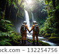 Astronauts together in forest near waterfall under glowing lights 132254756