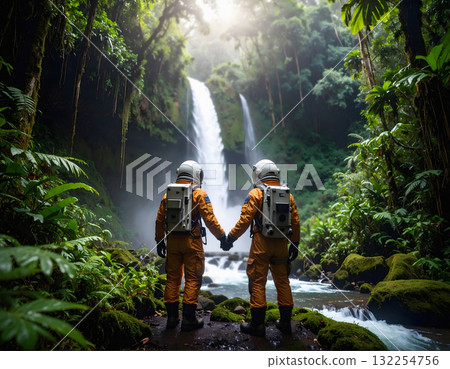 Astronauts together in forest near waterfall under glowing lights 132254756