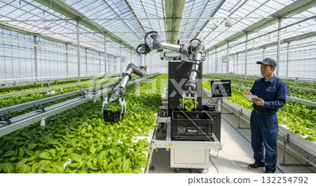 A futuristic greenhouse where smart agricultural robots harvest vegetables 132254792