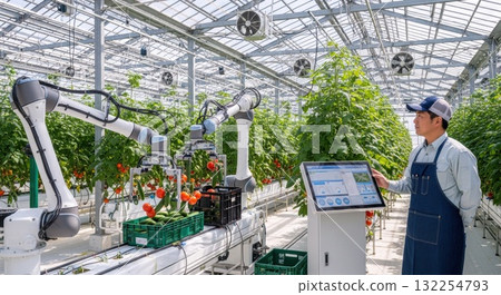 A futuristic greenhouse where smart agricultural robots harvest vegetables A futuristic greenhouse where smart agricultural robots harvest vegetables 132254793