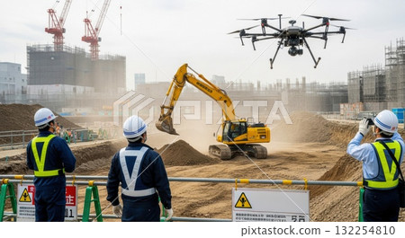 Smart construction site where drones and heavy construction machinery work together Smart construction site where drones and heavy construction machinery work together 132254810