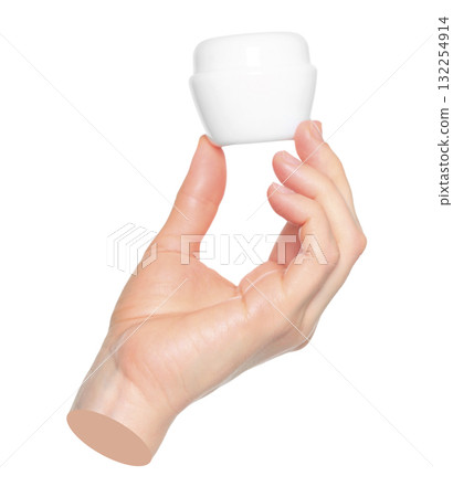 Woman hand holds a white cosmetic cream jar, on transparent background close-up, template for cosmetics ads. Contemporary art Woman hand holds a white cosmetic cream jar, on transparent background close-up, template for cosmetics ads. Contemporary art 132254914