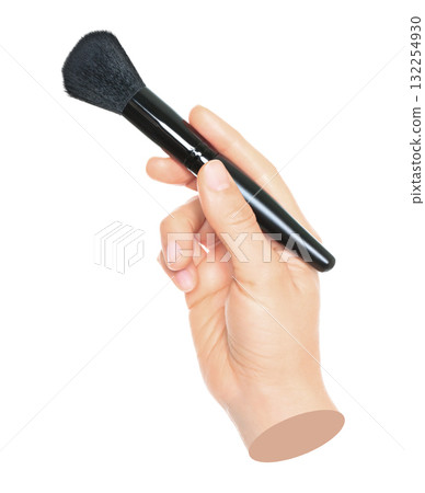 Woman hand holds black cosmetics brush, isolated on transparent background, cosmetics and visage concept. Contemporary art Woman hand holds black cosmetics brush, isolated on transparent background, cosmetics and visage concept. Contemporary art 132254930