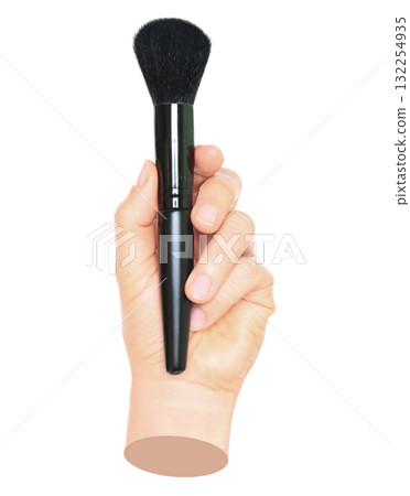 Woman hand holds black cosmetics brush, isolated on transparent background, cosmetics and visage concept. Contemporary art 132254935