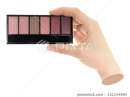 Woman hand holds cosmetic palette, isolated on transparent background, cosmetics and visage concept. Contemporary art 132254940