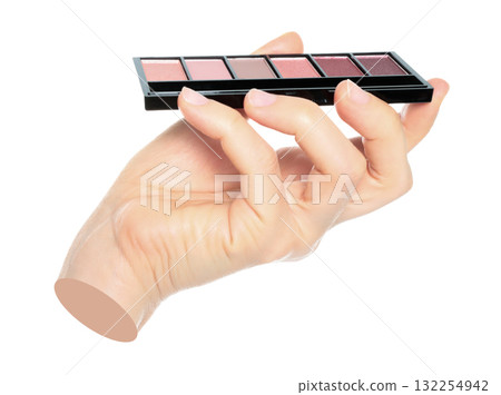 Woman hand holds cosmetic palette, isolated on transparent background, cosmetics and visage concept. Contemporary art Woman hand holds cosmetic palette, isolated on transparent background, cosmetics and visage concept. Contemporary art 132254942