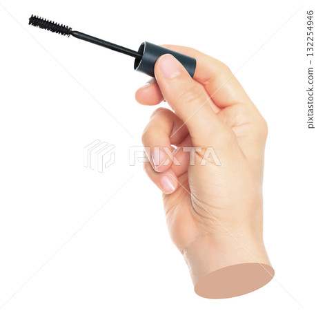 Woman hand holds cosmetic mascara brush, isolated on transparent background, cosmetics and visage concept. Contemporary art Woman hand holds cosmetic mascara brush, isolated on transparent background, cosmetics and visage concept. Contemporary art 132254946