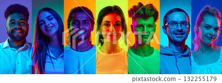 Portraits of diverse people under colorful neon lighting showing creative individuality 132255179