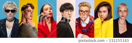 Group collage of stylish people posing on bright backgrounds with creative fashion energy Group collage of stylish people posing on bright backgrounds with creative fashion energy 132255183