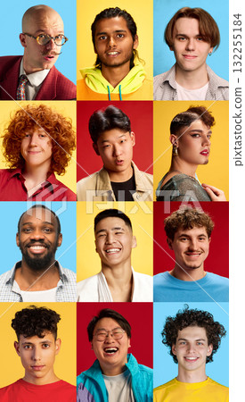 Portraits collage of diverse men showing emotion and authenticity on bright modern backgrounds 132255184