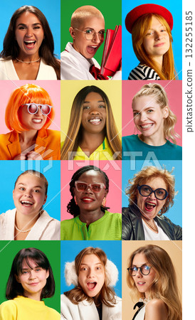 Joyful collage portraits of 11 diverse women expressing confidence on vibrant colorful backgrounds Joyful collage portraits of 11 diverse women expressing confidence on vibrant colorful backgrounds 132255185