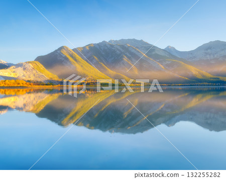 Nature. Lake, forest and mountains. Symmetrical composition. Panoramic view. Nature. Lake, forest and mountains. Symmetrical composition. Panoramic view. 132255282