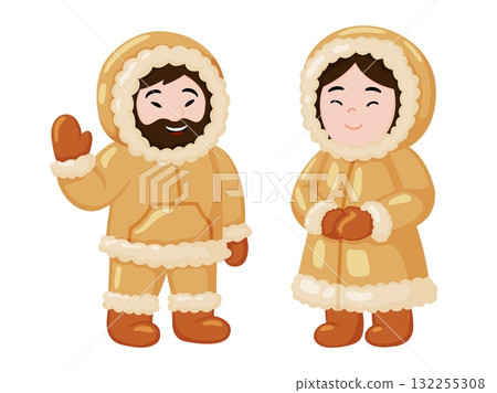 Inuit Couple in Winter Fur Parkas Illustration Inuit Couple in Winter Fur Parkas Illustration 132255308