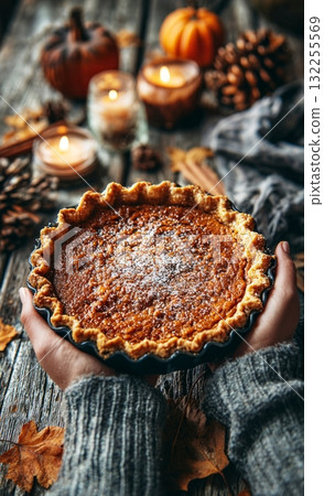 Hands holding pumpkin pie on rustic wooden table Hands holding pumpkin pie on rustic wooden table 132255569