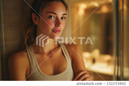 Young woman smiling casually looking at camera indoors Young woman smiling casually looking at camera indoors 132255602