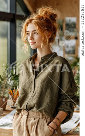 Redhead woman inspiring new ideas working in studio Redhead woman inspiring new ideas working in studio 132255613