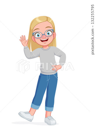 A cute little girl in glasses girl waving hand. Cartoon vector illustration. 132255795