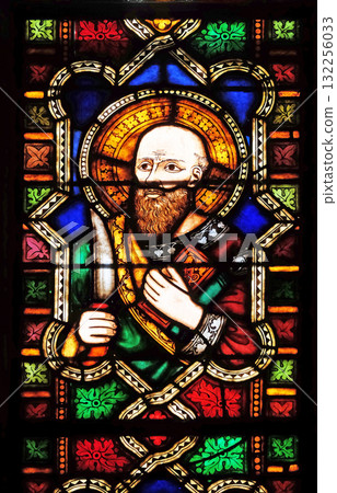 Catholic Saint, stained glass window in the Basilica di Santa Croce (Basilica of the Holy Cross) - famous Franciscan church in Florence, Italy 132256033
