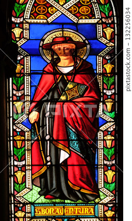 Saint Bonaventura, stained glass window in the Basilica di Santa Croce (Basilica of the Holy Cross) - famous Franciscan church in Florence, Italy Saint Bonaventura, stained glass window in the Basilica di Santa Croce (Basilica of the Holy Cross) - famous Franciscan church in Florence, Italy 132256034