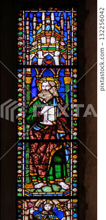 Saint Matthew, stained glass window in the Basilica di Santa Croce (Basilica of the Holy Cross) - famous Franciscan church in Florence, Italy 132256042