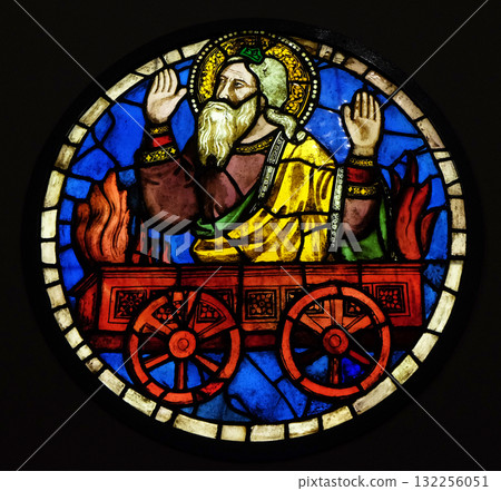 Saint Elias on the fiery chariot, stained glass by Taddeo Gaddi in the Basilica di Santa Croce (Basilica of the Holy Cross) - famous Franciscan church in Florence, Italy 132256051