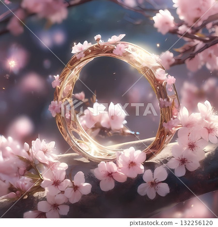 櫻花花瓣和閃閃發光的戒指的插圖背景 櫻花花瓣和閃閃發光的戒指的插圖背景 132256120