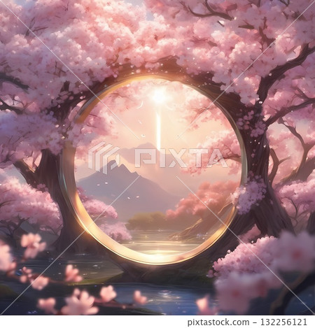 Cherry blossom petals and large circle illustration background Cherry blossom petals and large circle illustration background 132256121