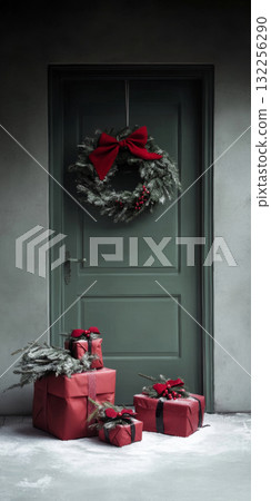 Christmas wreath with red berries on snowy door creating a festive holiday atmosphere Christmas wreath with red berries on snowy door creating a festive holiday atmosphere 132256290