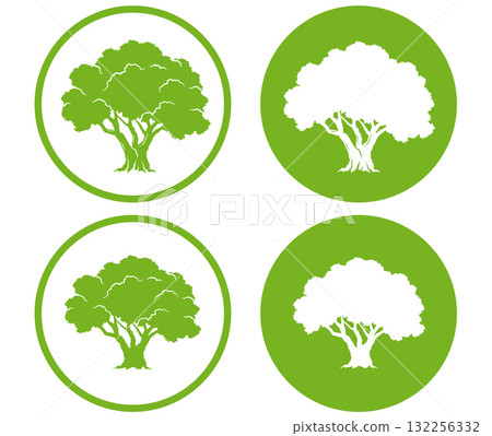 set of green olive trees icons with branches silhouettes 132256332