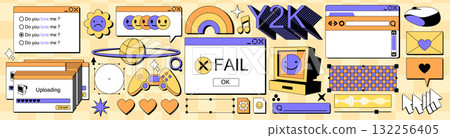Y2K sticker set with retro PC interface elements. Y2K sticker set with retro PC interface elements. 132256405