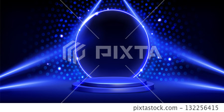 Round podium with neon blue lights on black Round podium with neon blue lights on black 132256415
