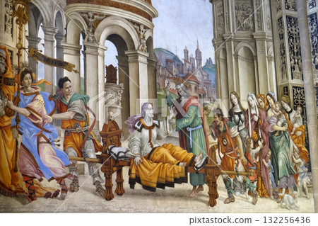Saint John the Evangelist Resurrecting Drusiana, fresco by Filippino Lippi in the Strozzi Chapel of the Santa Maria Novella Principal Dominican church in Florence, Italy Saint John the Evangelist Resurrecting Drusiana, fresco by Filippino Lippi in the Strozzi Chapel of the Santa Maria Novella Principal Dominican church in Florence, Italy 132256436