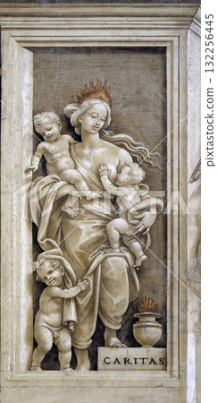 Caritas, detail of Filippino Lippi's frescoes in the Strozzi Chapel of the Santa Maria Novella Principal Dominican church in Florence, Italy 132256445