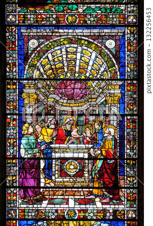 Presentation of Jesus in the Temple, stained glass window in Santa Maria Novella Principal Dominican church in Florence, Italy 132256453